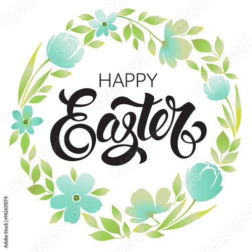 Happy Easter Typography Background with wreath and calligraphy greeting. 
