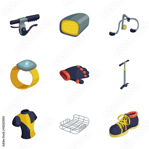 Bicycle equipment icons set, cartoon style