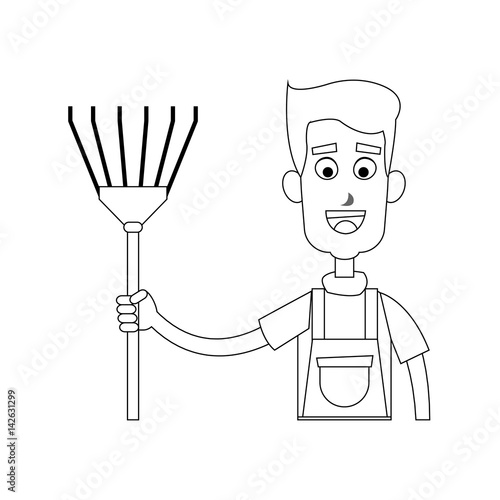 happy male farmer holding rake icon image vector illustration design 