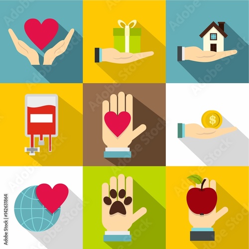 Philanthropy icons set, flat style