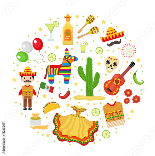 Cinco de Mayo celebration in Mexico, icons set in round shape, design element, flat style. Vector illustration