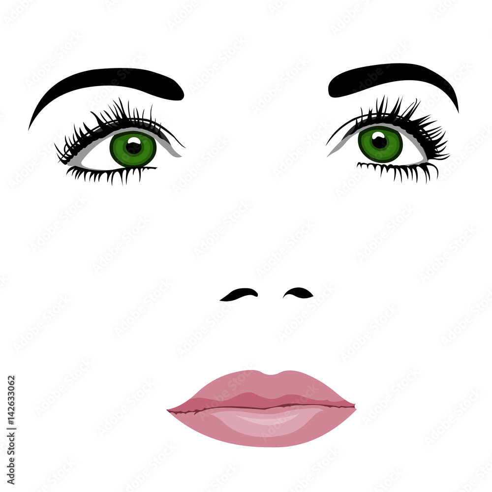 Fototapeta premium Simple pop art styled woman face with green eyes looking up. Easy editable layered vector illustration.