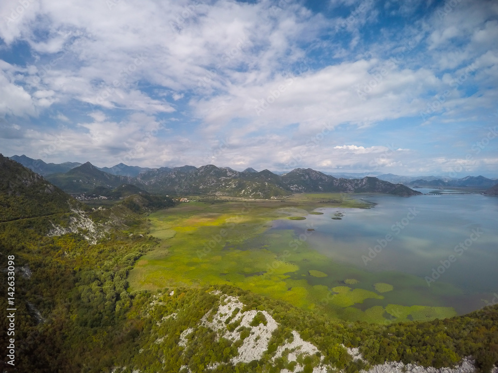 Aerial view of Godinje Lake in Montenegro