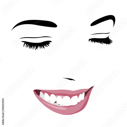 Shy timid girl smiling with closed eyes. Abstract pop up style clip art.  Easy editable layered vector illustration.