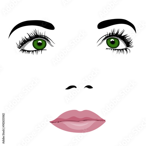 Simple pop art styled woman face with green eyes looking up. Easy editable layered vector illustration.