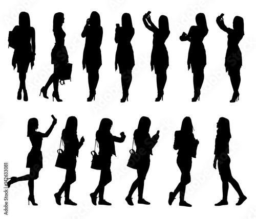Collection of different young woman silhouettes using phone and bag accessories from everyday life.  Easy editable layered vector illustration.