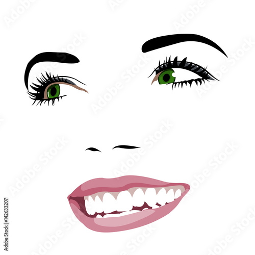 Photo Gorgeous green eye beauty with toothy smile looking away