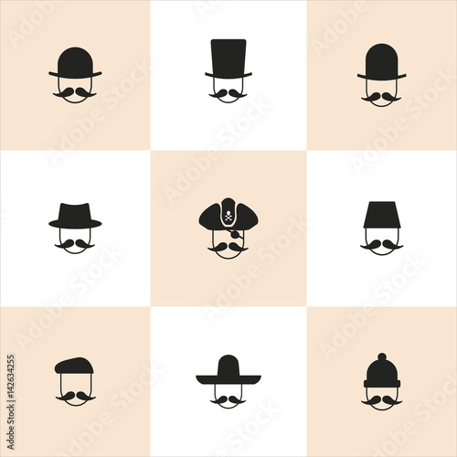 Set of 9 mans with mustache and hats