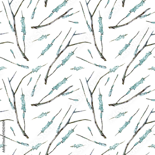 Seamless pattern of a branches with moss.Watercolor hand drawn illustration.White background.