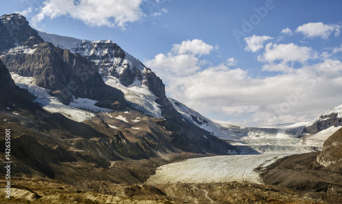 Columbia Icefield in Rocky Mountains showing receding glacier
