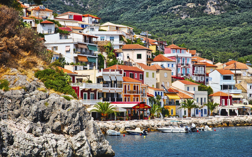 Bright coloured houses on hillside in Parga Greece