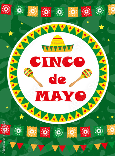 Cinco de Mayo greeting card, template for flyer, poster, invitation. Mexican celebration with traditional symbols. Vector illustration