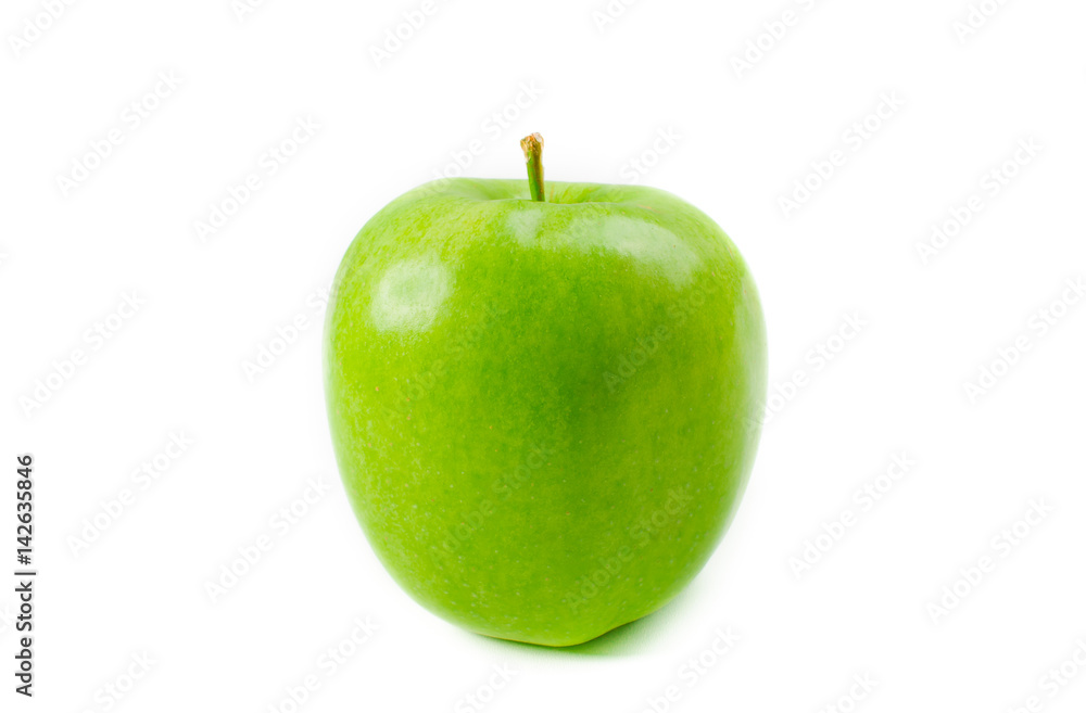 One green apple, closeup, Isolated on white background One green apple, closeup, Isolated on white background