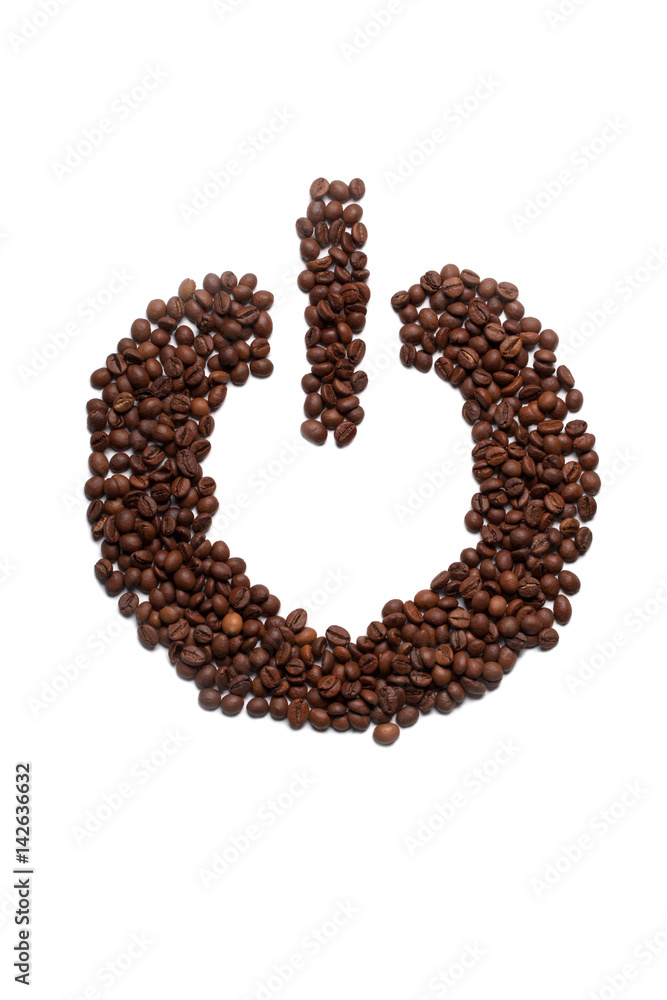power button of brown coffee beans isolated on white power button of brown coffee beans isolated on white