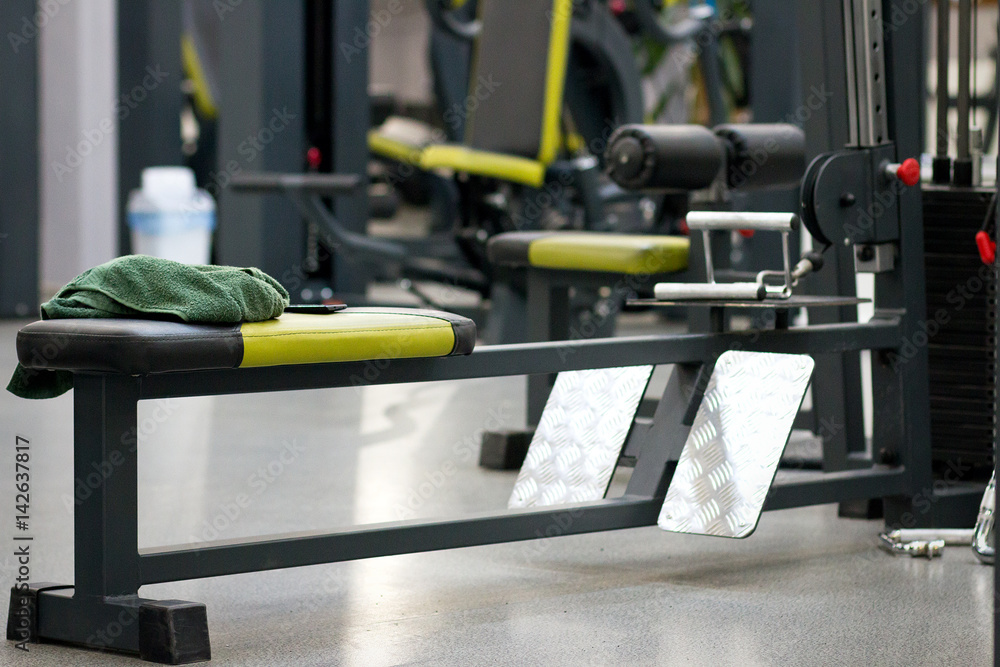Towel on the training bench in the gym Towel on the training bench in the gym