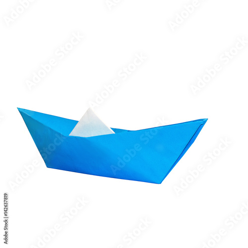 Blue  paper boat isolated  on white