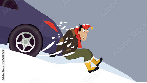 Man pushing a stalled car uphill, EPS 8 vector illustration