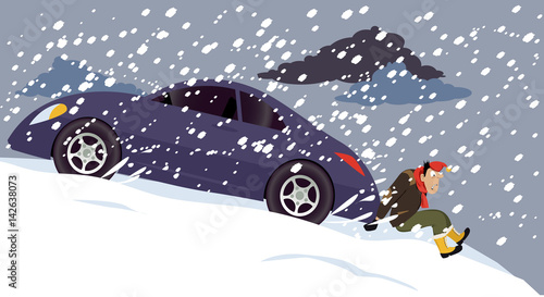Man pushing a stalled car under a heavy snow, EPS 8 vector illustration