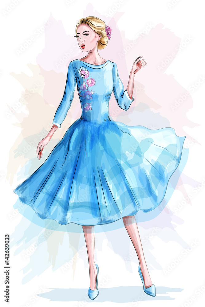 Stylish beautiful girl in blue dress. Fashion woman. Sketch. Vector illustration. Stylish beautiful girl in blue dress. Fashion woman. Sketch. Vector illustration.