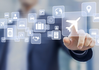 Business trip concept, businessman touching icons, travel plan