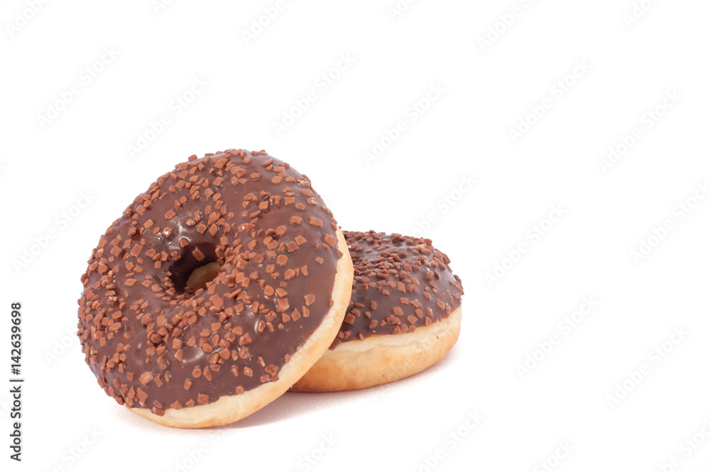 Two Chocolate Donuts with Sprinkles. Isolated on a White Background Two Chocolate Donuts with Sprinkles. Isolated on a White Background