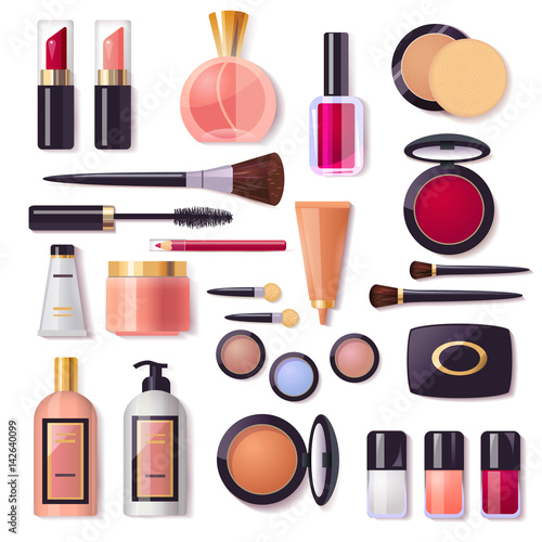 Set of decorative cosmetics, makeup, perfume and brushes, vector illustration