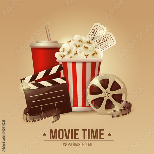 Cinema concept poster with popcorn bowl, film strip and tickets, realistic detailed vector illustration