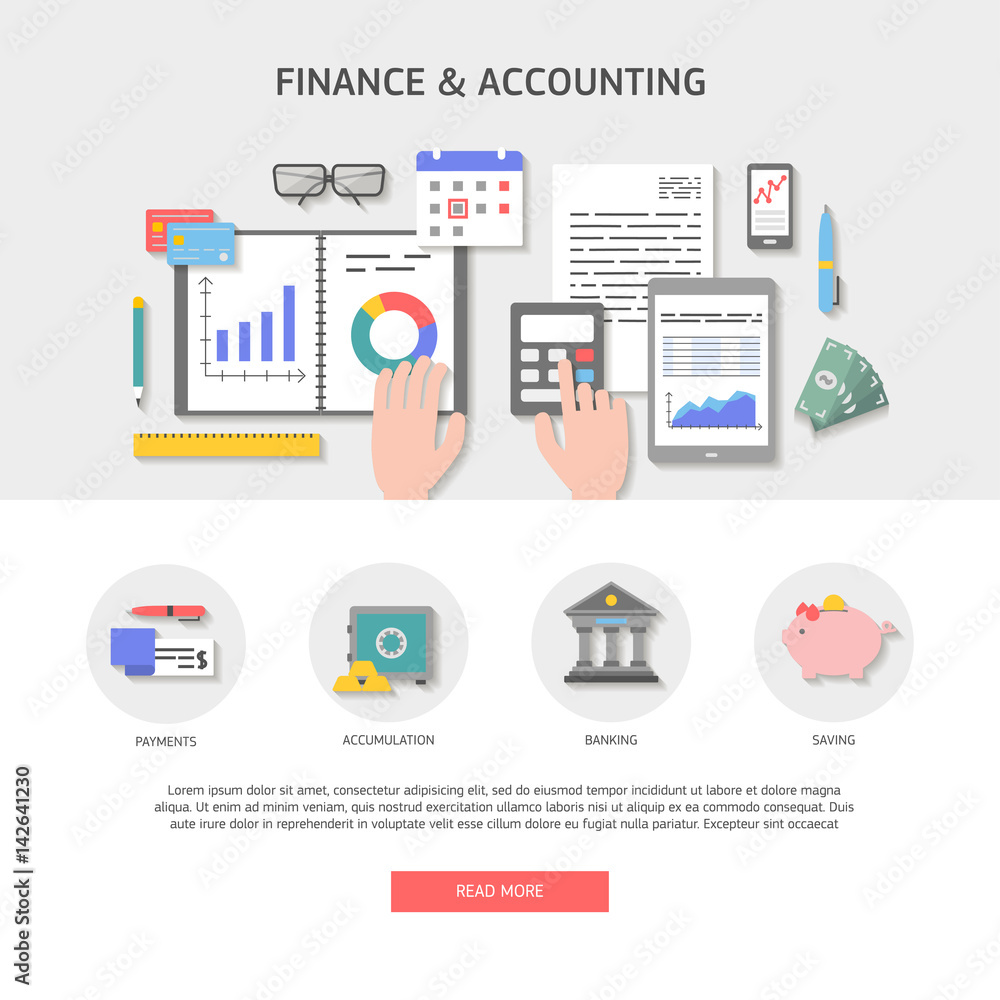Set of flat design illustration concepts for business, finance, payment and banking, work space top view. Concepts for web banner and printed materials, vector illustration.