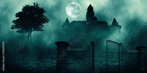 Murais de parede .Horror halloween haunted house in creepy night forest.