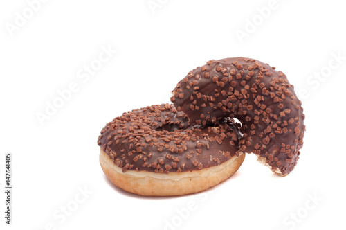 Two chocolate donut is broken half