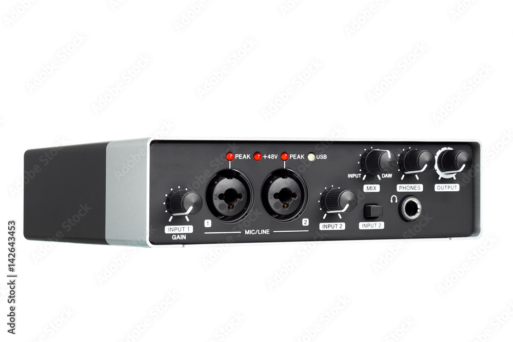 USB Audio interface for Home recording or Mixing, external sound card black and silver color. USB Audio interface for Home recording or Mixing, external sound card black and silver color.