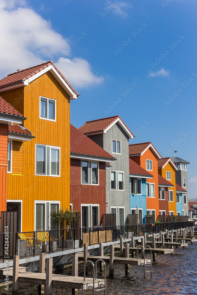Colorful wooden houses at the Reitdiephaven in Groningen
