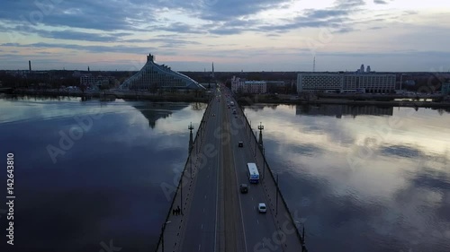 Beautiful aerial view of the bridge in Riga city from above. photo