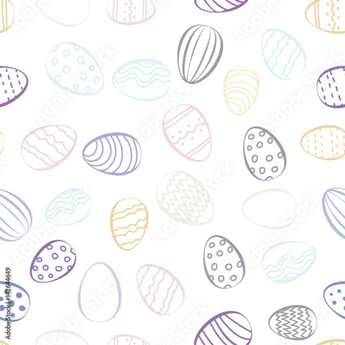 Seamless hand drawn Easter eggs pattern isolated on white background. Doodle wallpaper.
