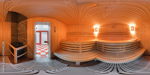 Panorama 360 degrees of sauna in the bath complex of the sports club. Wood beds from wooden boards inside the sauna 360 degree view.