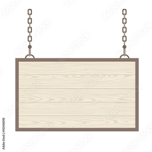 Blank rectangular wooden signboard hanging on metallic chain. Vector flat monochrome
