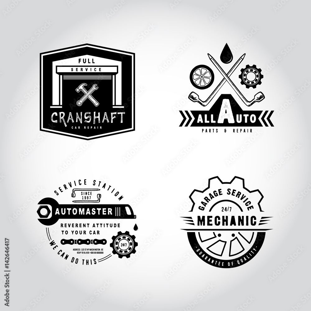 SET OF BADGES AUTO SERVICE. Hand drawn hammer, wrench, spark plug. Label logo template for station, car repair, wheel changing. Design fashion apparel print. Graphic vintage illustration. SET OF BADGES AUTO SERVICE. Hand drawn hammer, wrench, spark plug. Label logo template for station, car repair, wheel changing. Design fashion apparel print. Graphic vintage illustration.