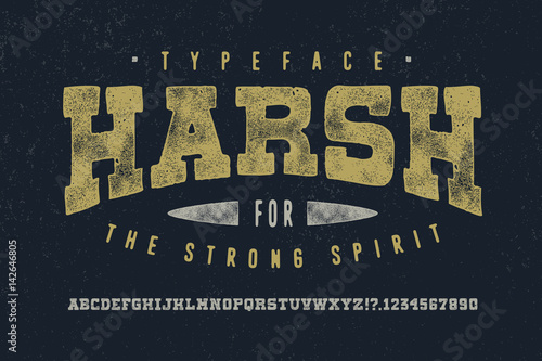 HARSH FONT crafted retro vintage typeface design. Original handmade textured lettering type alphabet on navy background. Authentic handwritten font, vector letters.