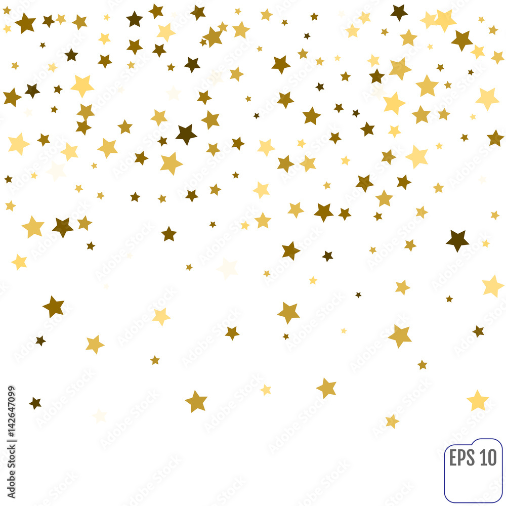 Gold star confetti rain festive holiday background. Vector golden paper foil stars falling down isolated on transparent background. Gold star confetti rain festive holiday background. Vector golden paper foil stars falling down isolated on transparent background.