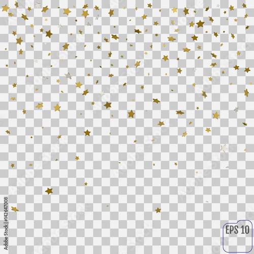 Gold star confetti rain festive holiday background. Vector golden paper foil stars falling down isolated on transparent background.
