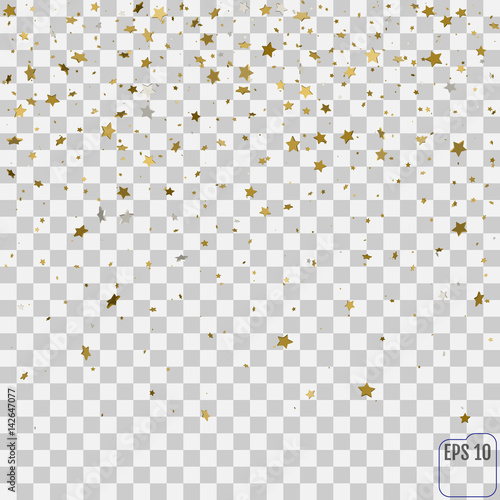 Abstract pattern of random falling golden stars on transparent background. Elegant pattern for banner, greeting card, Christmas and New Year card, invitation, postcard, paper packaging. Vector 