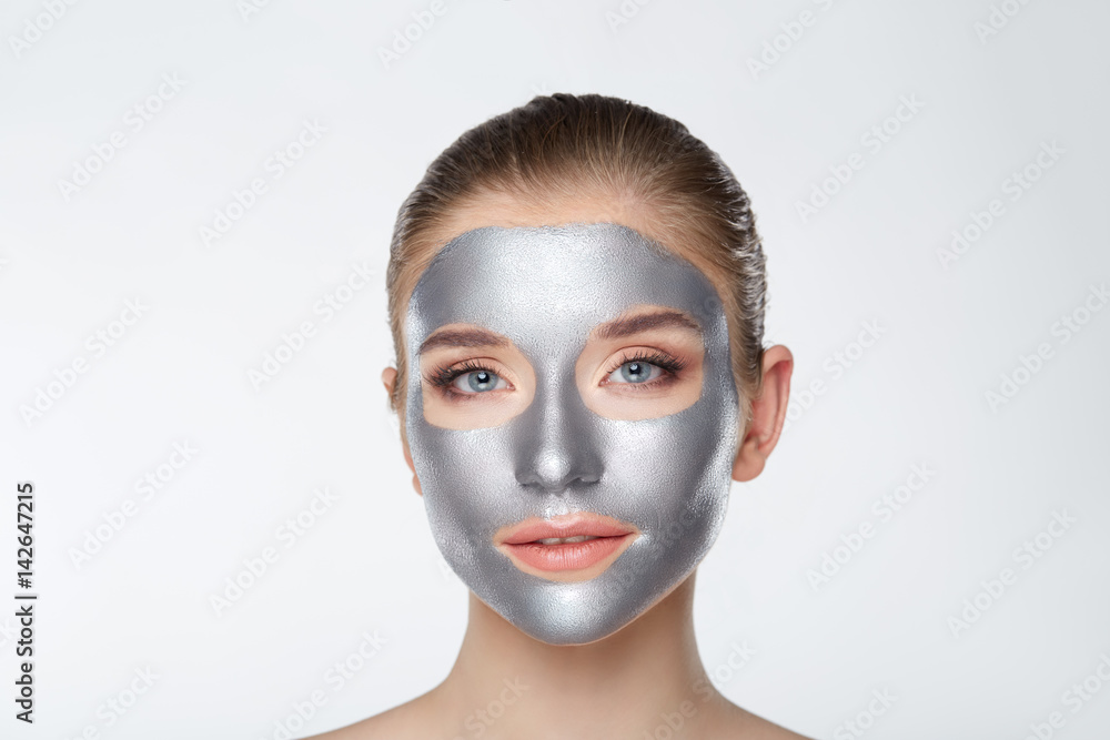 Woman portrait skin care health healthy silver mask close up white Woman portrait skin care health healthy silver mask close up white