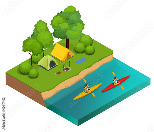 Isometric Camping on the river bank. Tents, bonfire and kayaking on the river. Vacation and holiday concept.