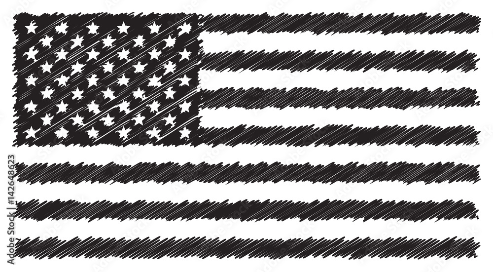 USA American sketched flag, black isolated on white background, vector illustration.