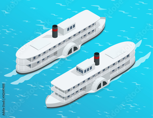 Isometric Old paddle steamer ship on the river. Water transport. Riding on the river. Flat 3d illustration. For infographics and design