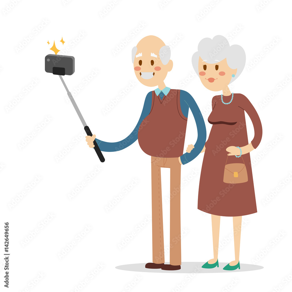 Selfie grandpa grandma isolated vector illustration character photo lifestyle flat camera smartphone person picture pensioners old people