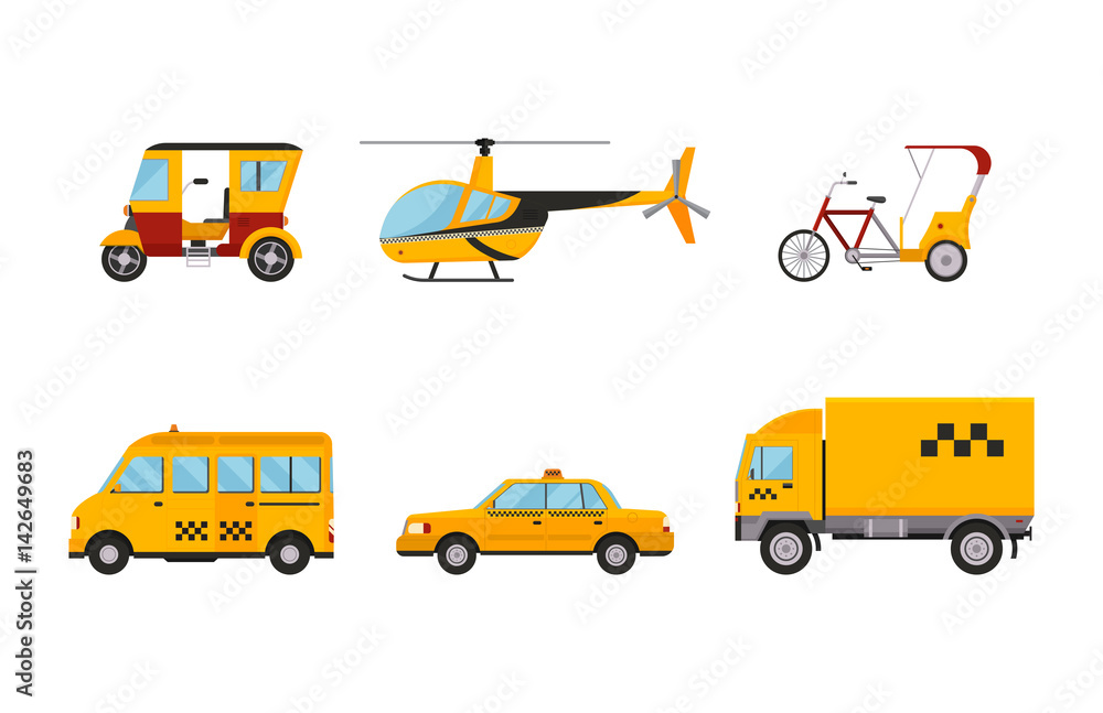 Taxi cab isolated vector illustration white background passenger car transport yellow icon sign city truck van cargo helicopter bicycle different