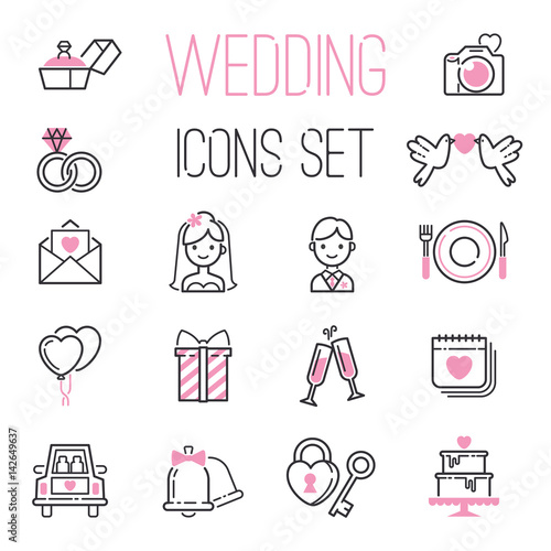 Outline wedding day black and pink marriage icons set of icons for engagement get married love and romantic event bride groom heart vector illustration.