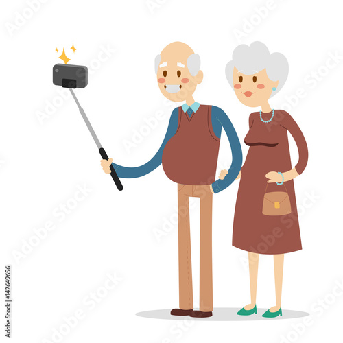 Selfie grandpa grandma isolated vector illustration character photo lifestyle flat camera smartphone person picture pensioners old people