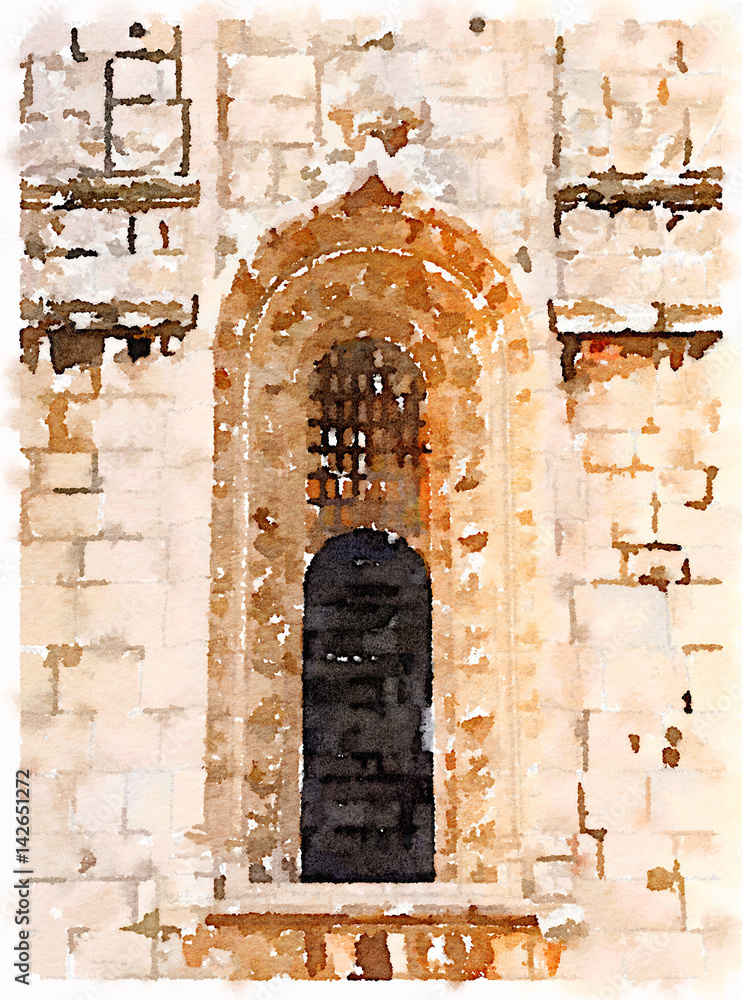 Digital watercolor painting of an old gothic church window in  Lisbon in Portugal set in a stone wall.